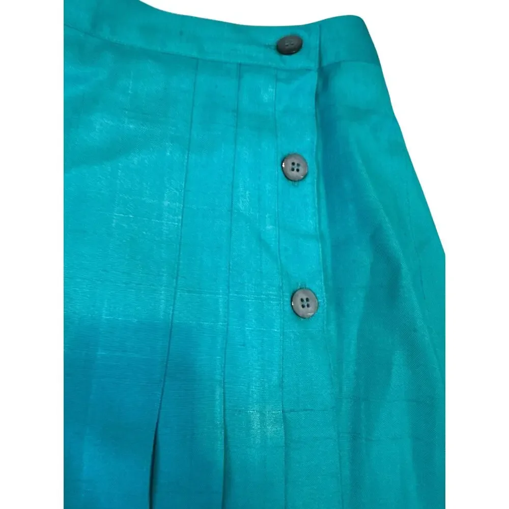 Vintage John Brooks 100% Silk Teal Two Piece Jacket Pleated Midi Skirt Set Sz10